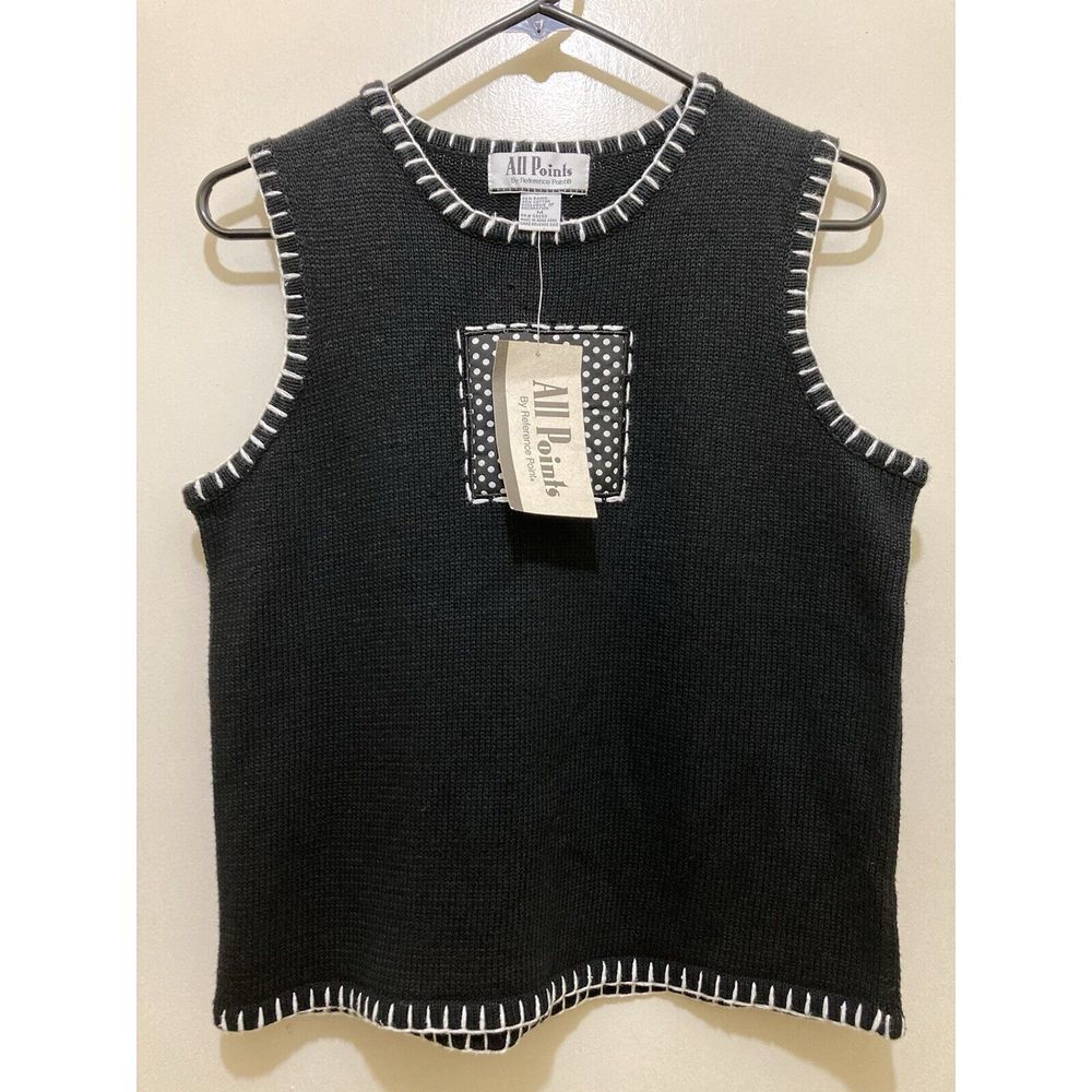 All Points Reference‎ Point Women M Sweater Vest Daisy Flower Embroidery Black